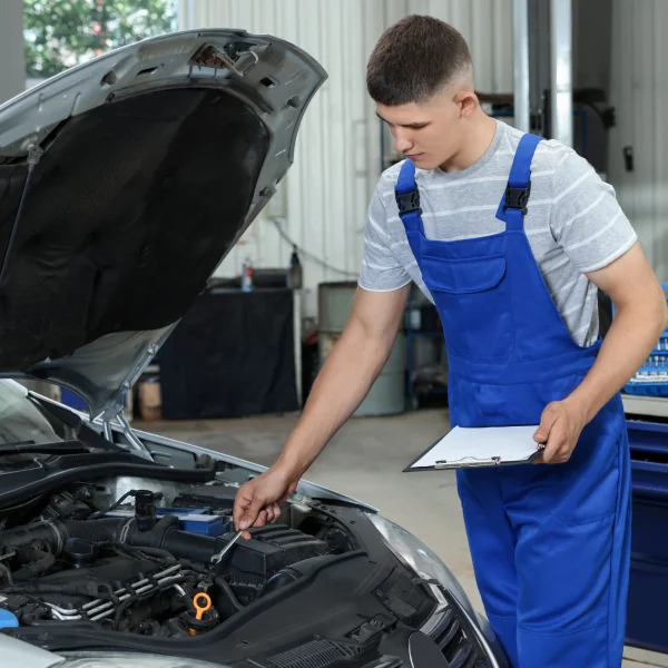 A man in overalls inspects a car engine, demonstrating expertise in auto repair.