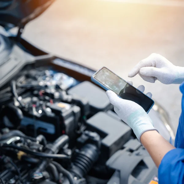 A person in a blue shirt holds a cell phone, representing mobile mechanics services and communication.